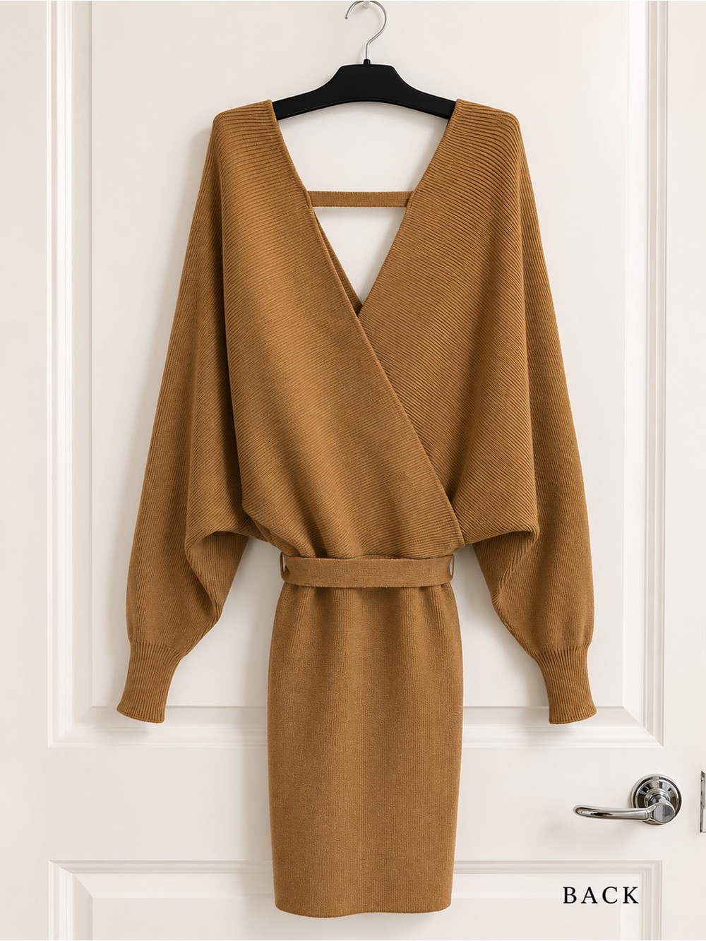 Gianni Bini One-Shoulder Belted Knit Dress in Camel Brown - Picture 3 of 4